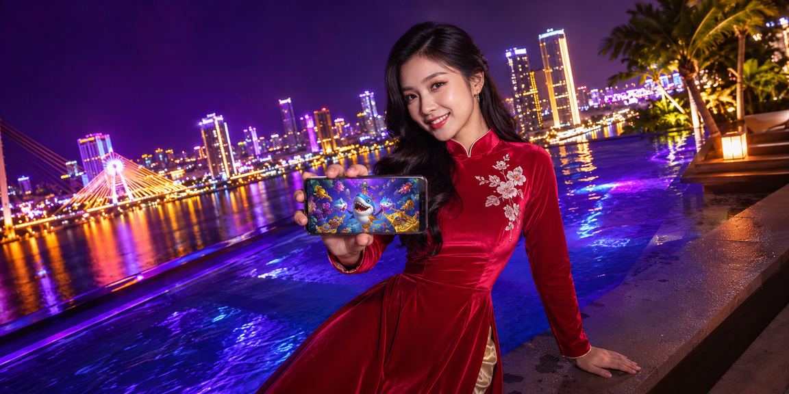 Phụ nữ mặc áo dài tại Đà Nẵng tham gia trò chơi bắn cá điện tử bên bờ sông